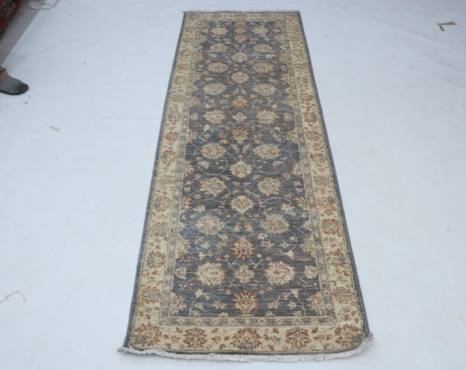 3 X 8 Gray and Beige Floral Handmade Runner, Chobi Cotton and Wool