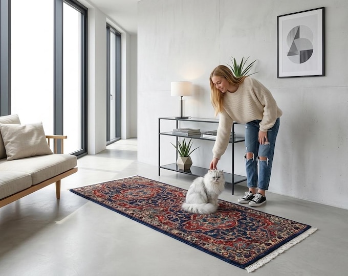 2.0 X 4.10 ft Red and Beige Floral Handmade Runner ,Heriz Cotton and Wool
