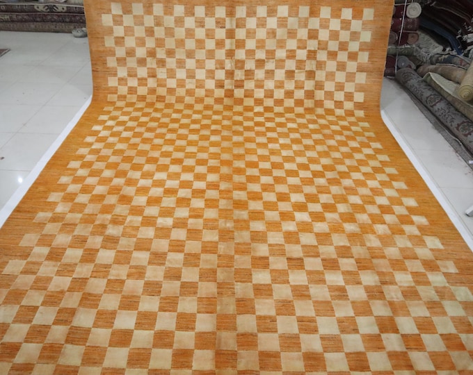 Hand Knotted Gabbeh Afghan Rug – Golden Yellow Check, Wool 10x15