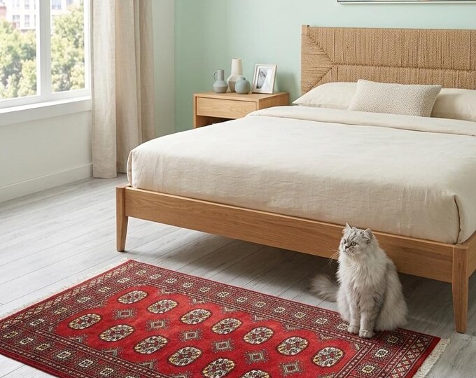 3.2 X 5.2 ft Red Geomatrical Handmade Runner, Mori Bokhara Cotton and Wool