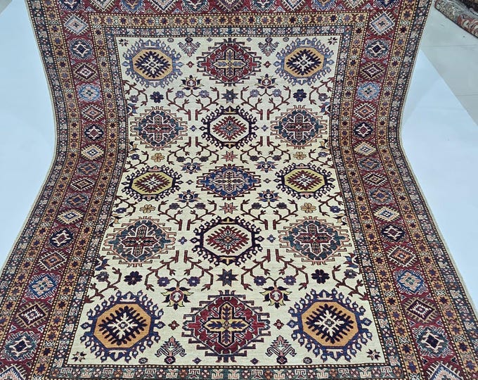 5.5 X 8 ft Handmade Geometrical Super Kazak Rug, Beige and Red, Cotton and Wool