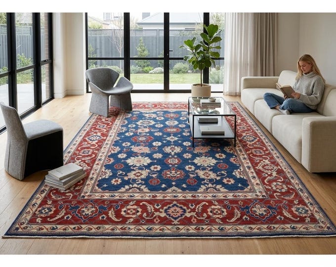 9.2 X 11.5 ft Blue and Red Floral Handmade ,Heriz Cotton and Wool