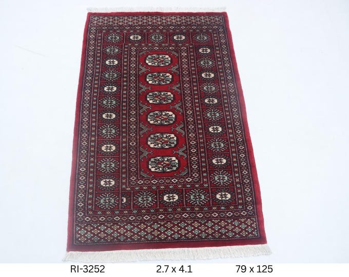 Hand-knotted Mori Bokhara Cotton and Wool Rug, Geomatrical in Red base and Red border, 2.7 x 4.1 ft