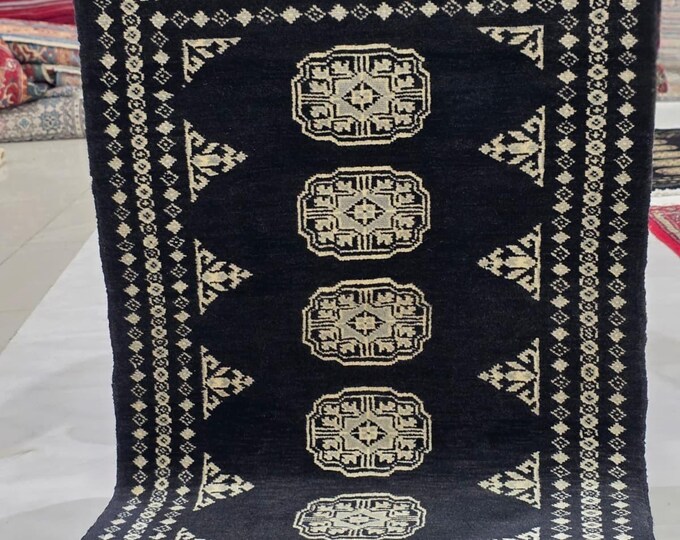 2 X 3 ft Black Geomatrical Handmade, Mori Bokhara Cotton and Wool