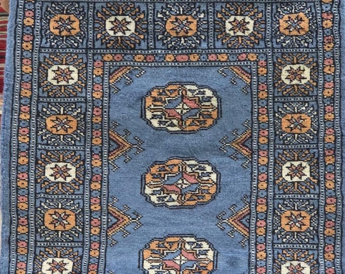 2 X 3 ft Blue Geomatrical Handmade, Mori Bokhara Cotton and Wool