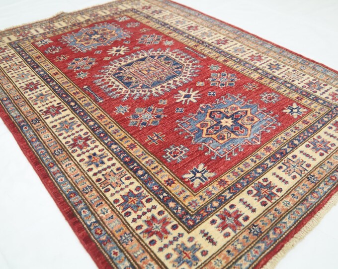 Red Kazak Area Rug 3.6x4.9 – Hand Knotted Afghan Wool Rug