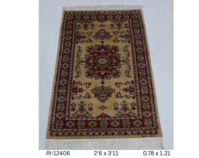 Hand-Knotted Wool & Silk Touch Rug, Beige and Red Geometric Design, 2.6 x 3.11 ft