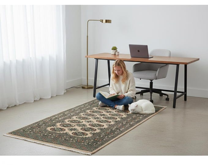 3.2 X 5.3 ft Beige Geomatrical Handmade , Mori Bokhara Cotton and Wool