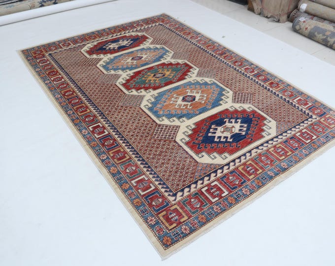 5.7 X 7.11 ft Beige and Red Geomatrical Handmade, Super Kazak Cotton and Wool