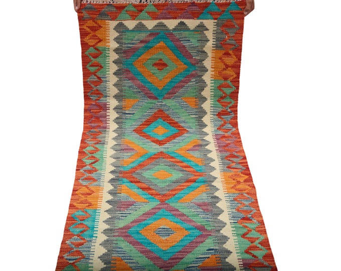 2.5 X 6 ft Runner Handmade Geometrical Killim Rug, Muilty, Wool