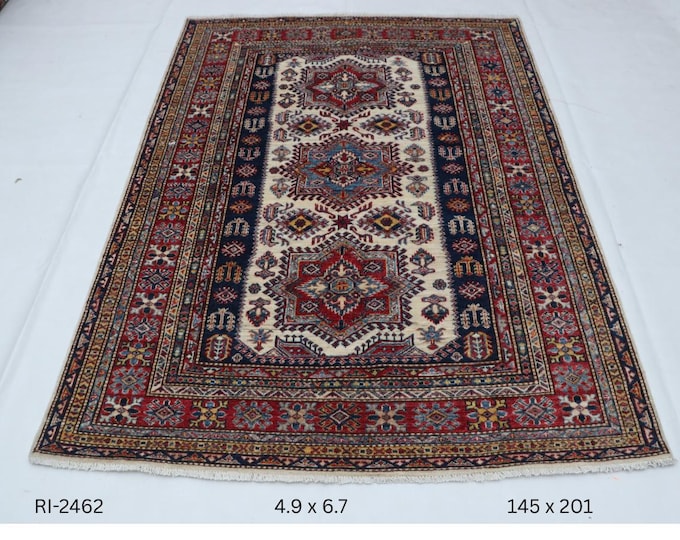 Hand-knotted Super Kazak Cotton and Wool Rug, Geomatrical in Beige base and Red border, 4.9 X 6.7 ft
