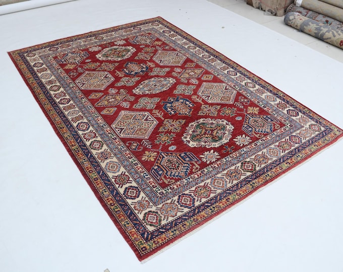 5.6 X 7.8 ft Red and Beige Geomatrical Handmade , Super Kazak Cotton and Wool