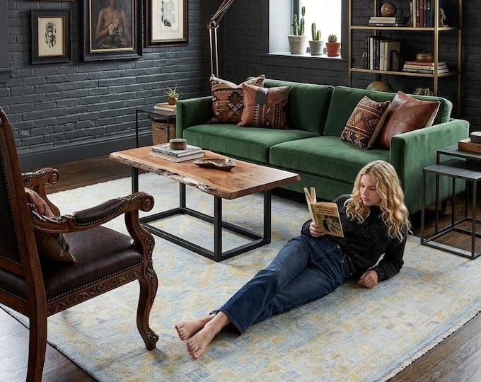 5.0 X 6.11 ft Blue and Beige Floral Handmade ,Oshak Wool