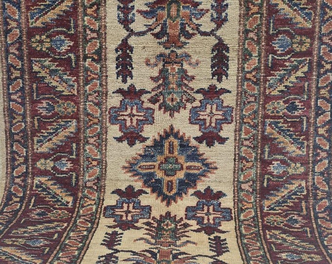 2 X 3 ft Handmade Floral Super Kazak Rug, Beige and Red, Cotton and Wool