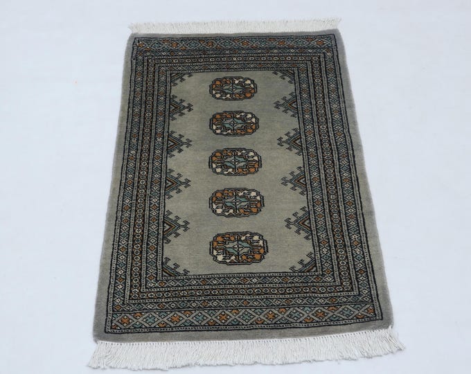 2.1 X 3.3 ft Gray Geomatrical Handmade ,Mori Bokhara Cotton and Wool