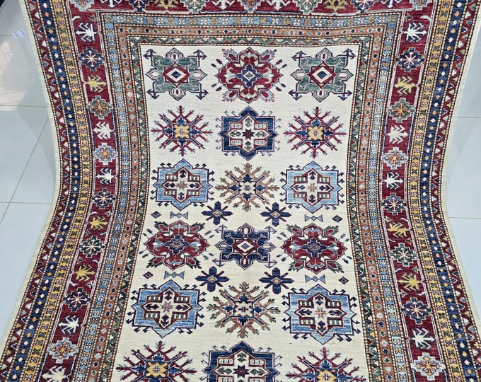 5.5 X 8 ft Handmade Geometrical Super Kazak Rug, Beige and Red, Cotton and Wool