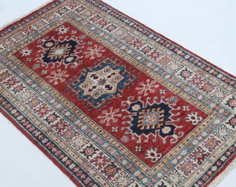 2.5 X 4 ft Handmade Geometrical Super Kazak Rug, Red and Beige, Cotton and Wool