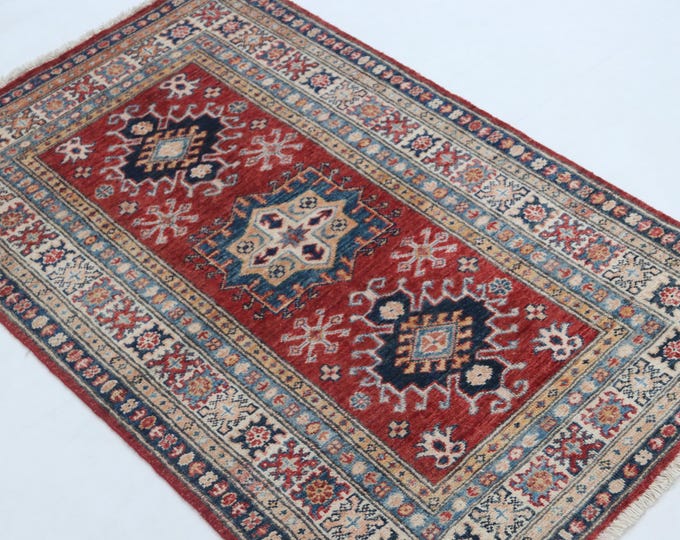 2.5 X 4 ft Handmade Geometrical Super Kazak Rug, Red and Beige, Cotton and Wool