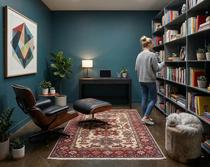 3.6 X 4.9 ft Beige and Red Geomatrical Handmade , Super Kazak Cotton and Wool