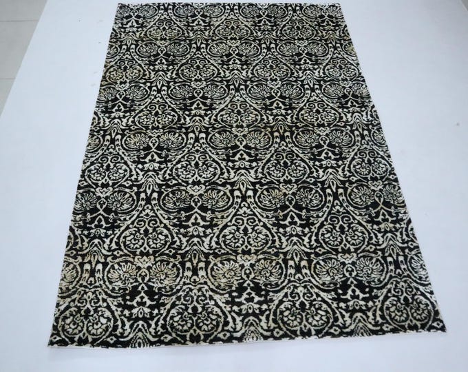 Hand Knotted Wool Area Rug, Black and White Floral, 5'4x7'7