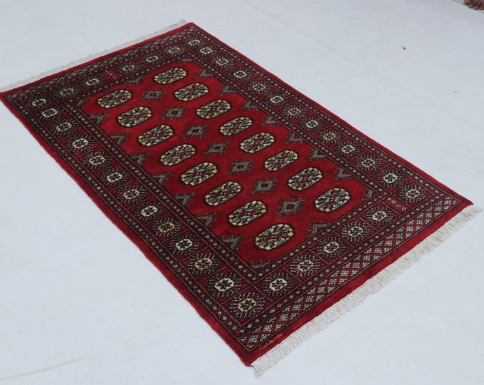 3 X 5 ft Geometrical Mori Bokhara Rug, Red, Handmade Cotton and Wool