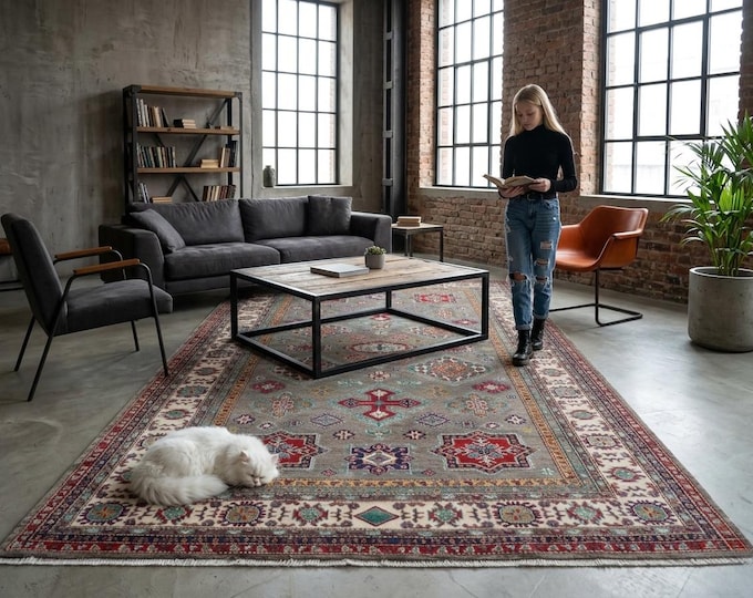 6 X 10 ft Gray and Beige Geomatrical Handmade, Super Kazak Cotton and Wool