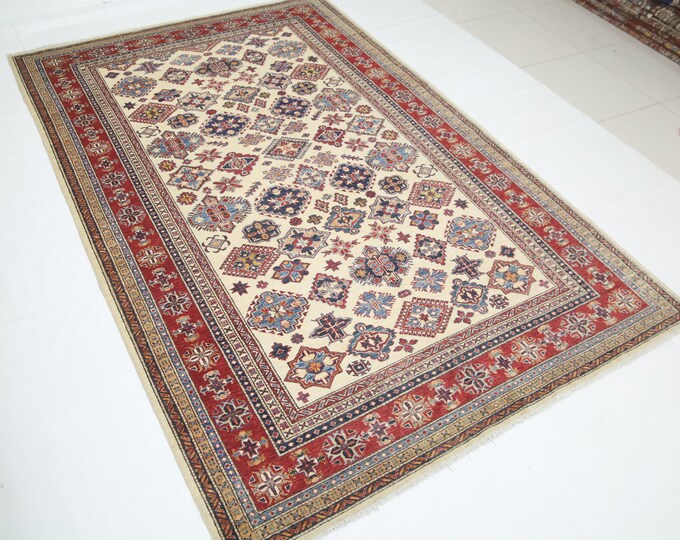Handmade Beige Red Kazak Rug – Afghan Wool Geometric Area Rug (6'4x10'2)