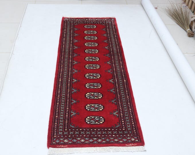 2.1 X 6.0 ft Red Geomatrical Handmade, Mori Bokhara Cotton and Wool