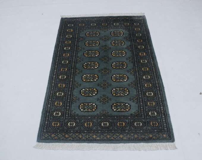 3.1 X 4.9 ft Gray Geomatrical Handmade ,Mori Bokhara Cotton and Wool