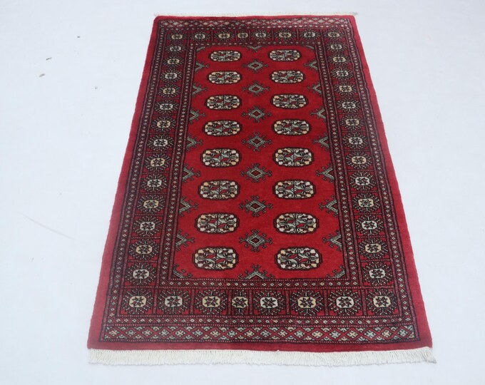 3.1 X 5.1 ft Red Geomatrical Handmade ,Mori Bokhara Cotton and Wool