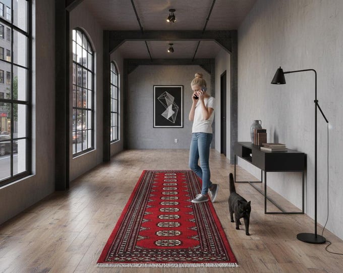 2.0 X 6.0 ft Red Geomatrical Runner Handmade, Mori Bokhara Cotton and Wool