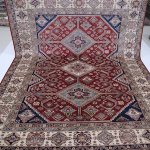 8x10 Kazak Area Rug - Red Afghan Hand Knotted Oriental Natural Dye Wool Rug - Traditional Rug - Geometric Rug - Bedroom Rug - Office Rug