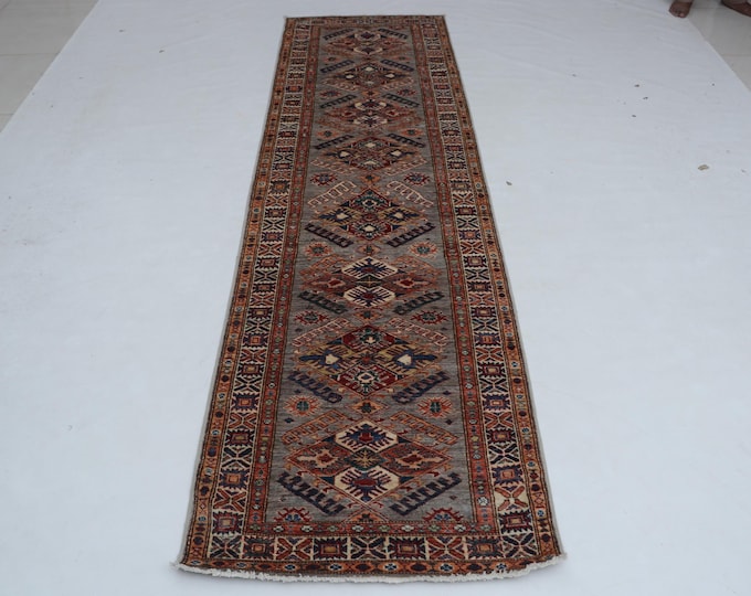 2.8 X 9.9 ft Gray and Beige Geomatrical Handmade Runner, Super Kazak Cotton and Wool
