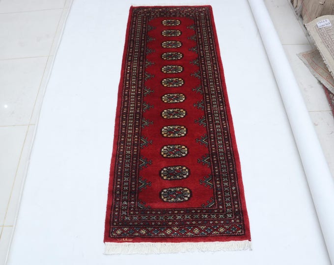 2.1 X 5.11 ft Red Geomatrical Runner Handmade, Mori Bokhara Cotton and Wool