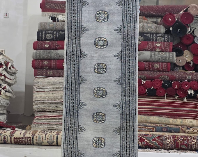 2 X 8 ft Gray Geometrical Handmade Runner, Mori Bokhara Cotton and Wool