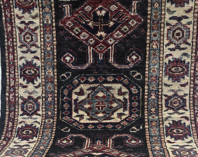 2 X 3 ft Handmade Floral Super Kazak Rug, Black and Beige, Cotton and Wool
