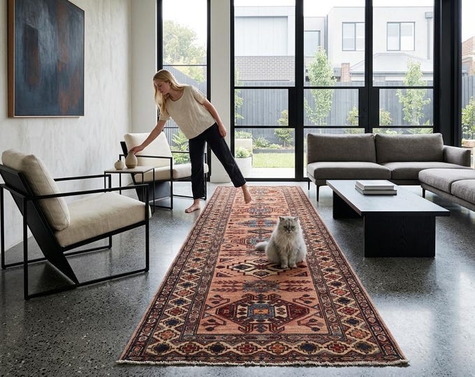 3 X 9 ft Copper and Beige Geomatrical Handmade Runner, Super Kazak Cotton and Wool