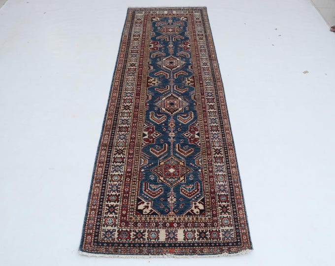 2 X 8 ft Blue and Beige Geomatrical Handmade Runner, Super Kazak Cotton and Wool