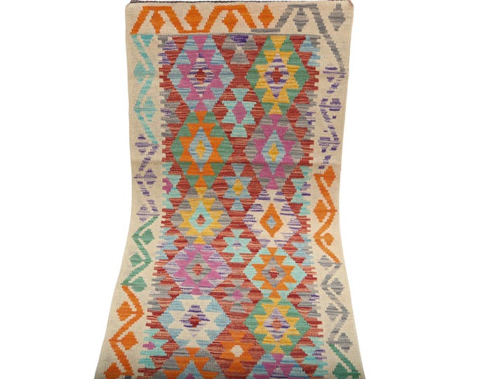 2 X 6.5 ft Runner Handmade Geometrical Killim Rug, Muilty, Wool