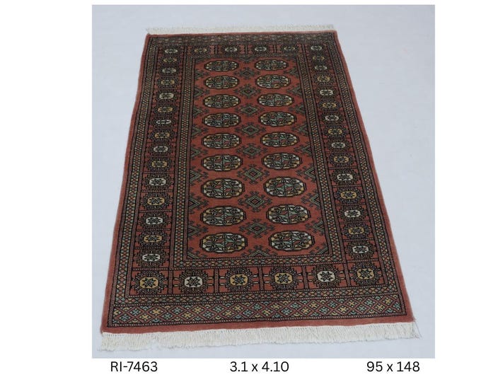 Hand-knotted Mohri Bokhara Cotton and Wool Rug, Geomatrical in Copper base and Copper border, 3.1 x 4.10 ft