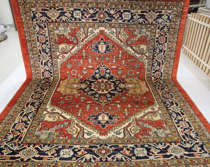 8x10 Heriz Area Rug, Rust Blue Afghan Wool Rug, Hand Knotted