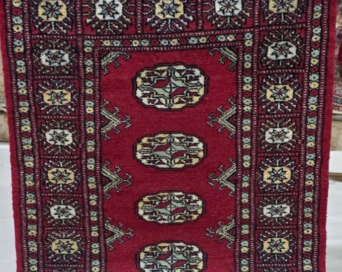 2 X 3 ft Red Geometrical Handmade, Mori Bokhara Cotton and Wool