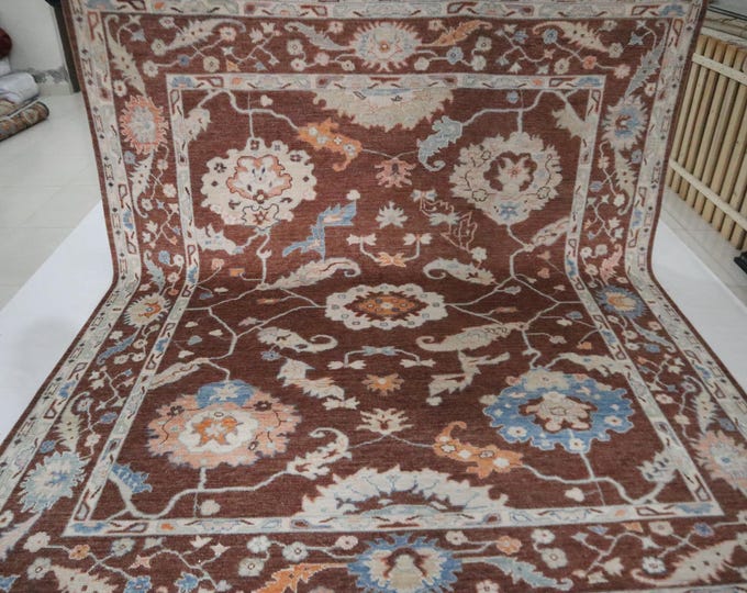 8x10 Oushak Rug, Choco Brown Hand Knotted Wool, Floral Style
