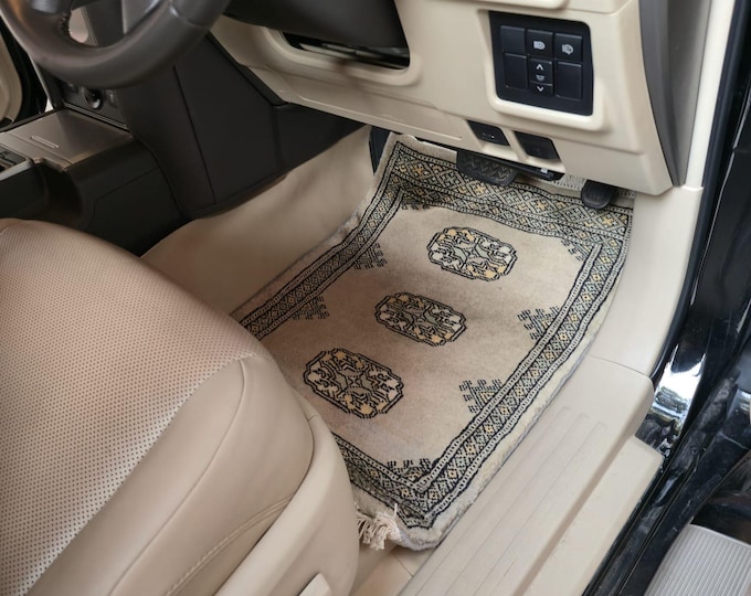 1.5 X 2 ft Geomatric Handmade Car Mats Pair, Gray Wool Car Floor Rugs, Cotton and Wool Car Mats