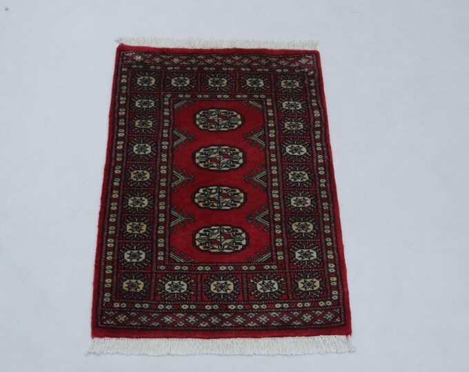 2 X 3 ft Red Geomatrical Handmade, Mori Bokhara Cotton and Wool