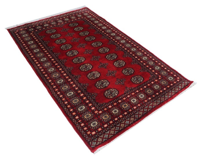 4.1 X 6.1 ft Red Geomatrical Handmade, Mori Bokhara Cotton and Wool
