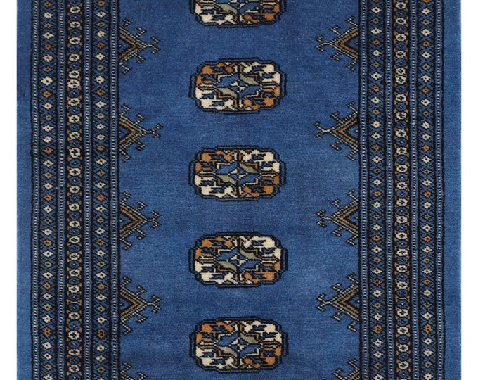 2 X 3 ft Blue Geometrical Handmade , Mori Bokhara Cotton and Wool