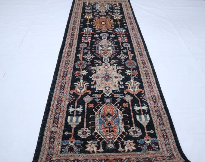 8 Ft Afghan Chobi Runner Rug, Hand-Knotted Wool, Black Geometric Rug