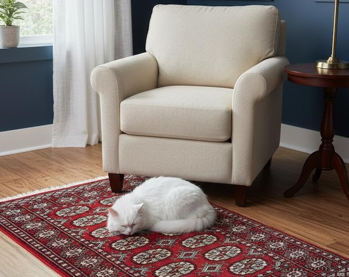 2.7 X 3.11 ft Red Geomatrical Handmade , Mori Bokhara Cotton and Wool