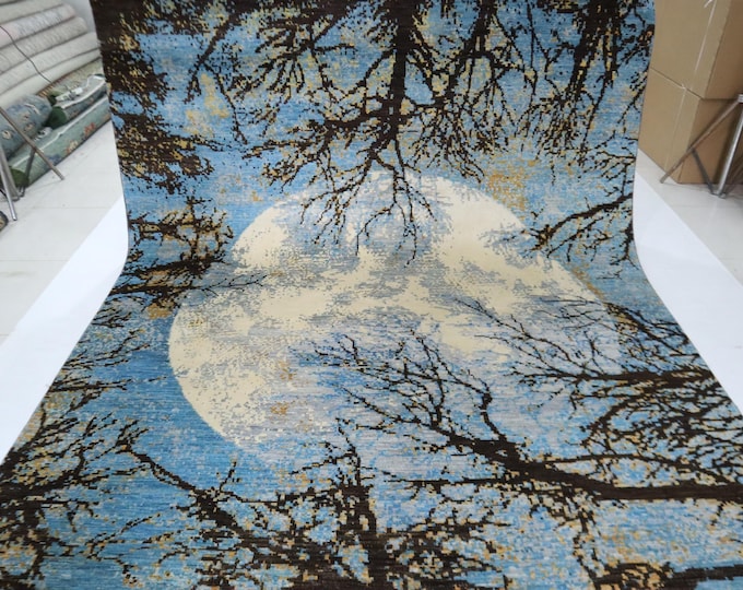 8x10 Light Blue Wool Rug – Hand-Knotted Afghan Moon & Tree Design